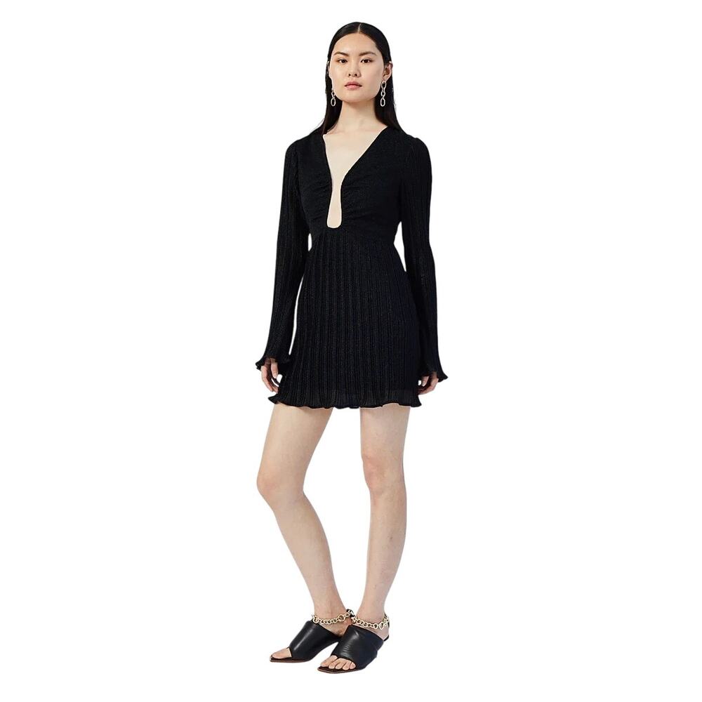 Suboo NWT S Black Sparkle Deep V Neck Long Flounce Sleeve Lined Mini Dress
